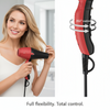 Woman holding a red and black hair dryer with a close-up of the device on a white background.