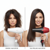 Comparison of a woman using a generic hair dryer on the left and an Igia Proline hair dryer on the right.