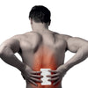 Man holding a white heating pad to his back with a red highlight indicating pain or pressure point.